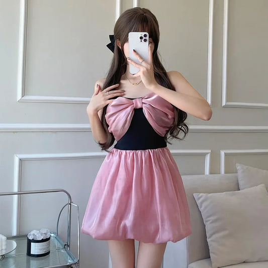 Bow Patchwork Korean Swimsuit – Sweet Padded One Piece - Dresses - Spaghetti strap - Swimwear - 1