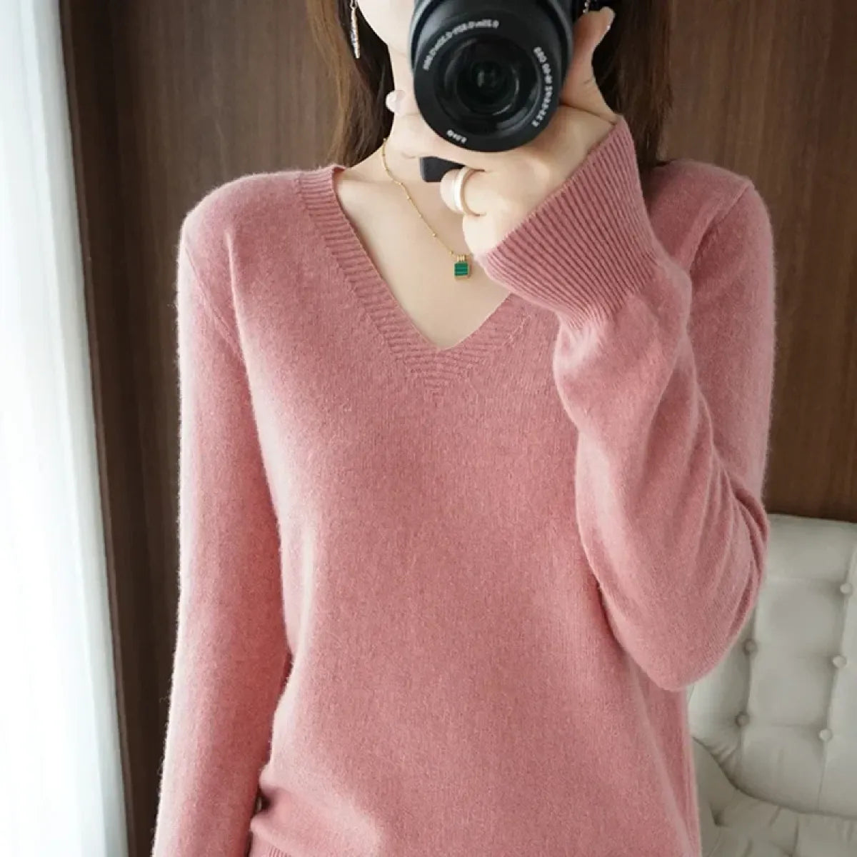 Cashmere Knit V Neck Lace Pullover Winter Layering – Kawaii Stop
