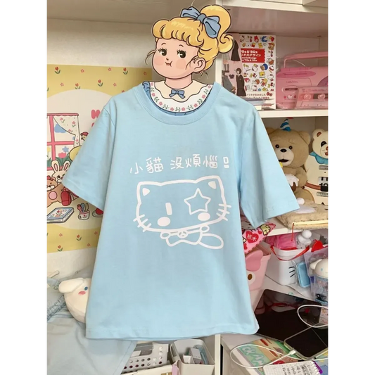 Pastel Cat Print Oversized Tee - Baby Blue - T-Shirts - T-Shirt - 2