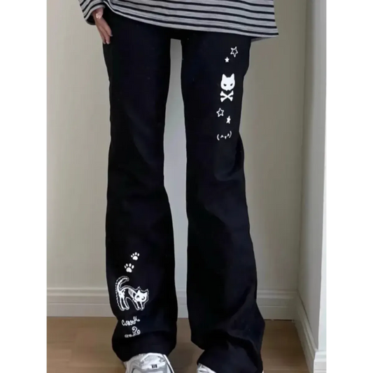 Y2K Cat Skull Print Wide Leg Trousers - Best Sellers - Pants - 1