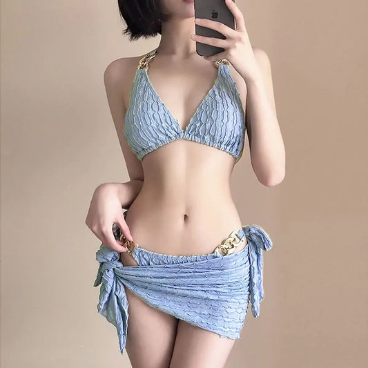 Chain Halter Bikini Set with Skirt – Korean 3PCS Beach Swimwear - Bottoms - Strapless - Swimwear - 1