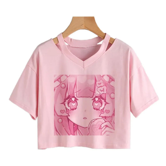 Cherry Blossom Dreams Crop Top – Sweet Manga-Inspired Pink Tee - T-Shirts - 1