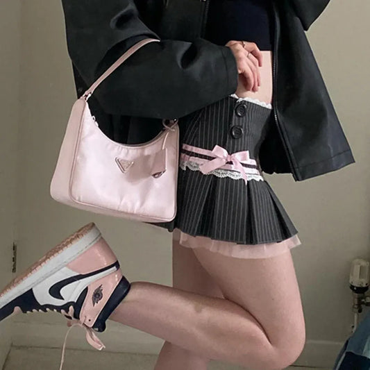 Y2K Coquette Aesthetic Pinstripe Pleated Black Mini Skirt with Bow - Bottoms - 2