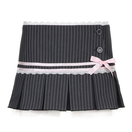 Y2K Coquette Aesthetic Pinstripe Pleated Black Mini Skirt with Bow - Bottoms - 6