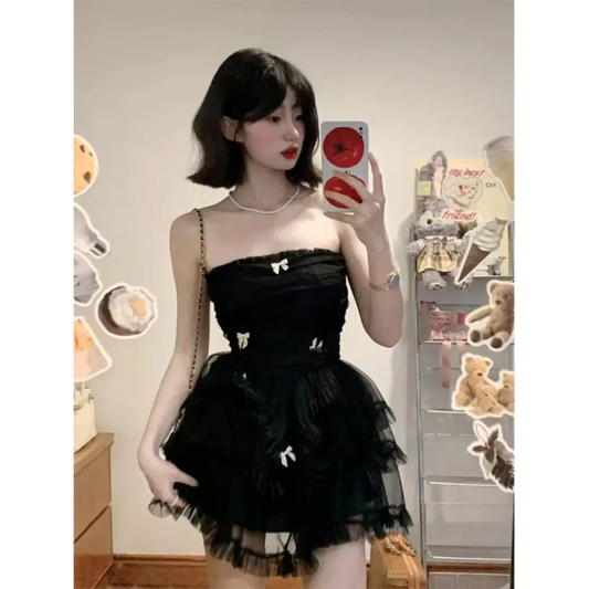 Corset Mini Dress – Y2K Lace Ruffle Bodycon Party Outfit - All Dresses - Sleeveless - Off-Shoulder - Dresses - 1