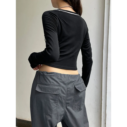 Crew Neck Letter Print Top - Long Sleeve Casual Streetwear T-Shirt - T-Shirts - Long - Boat - Blouses - 2