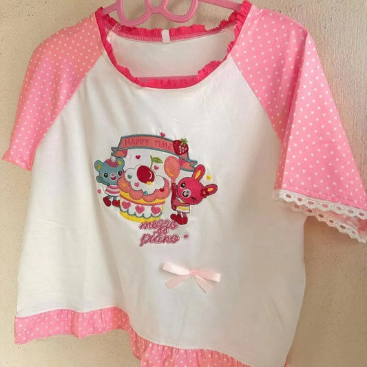 Happy Time Kawaii Ruffle Cartoon Crop Tee - T-Shirts - Crop Top - 6