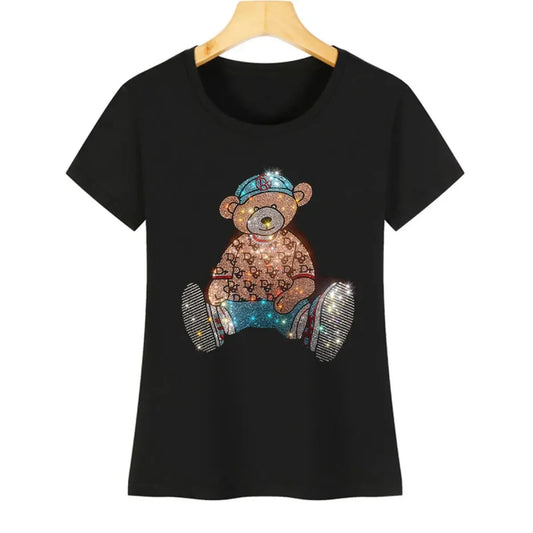 Cute Bear Cotton T-Shirt - Rhinestone Cartoon Top for Women - T-Shirts - 7