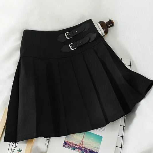 Harajuku Double Belt Pleated Tennis Skirt (Grey/Black) - Bottoms - 1