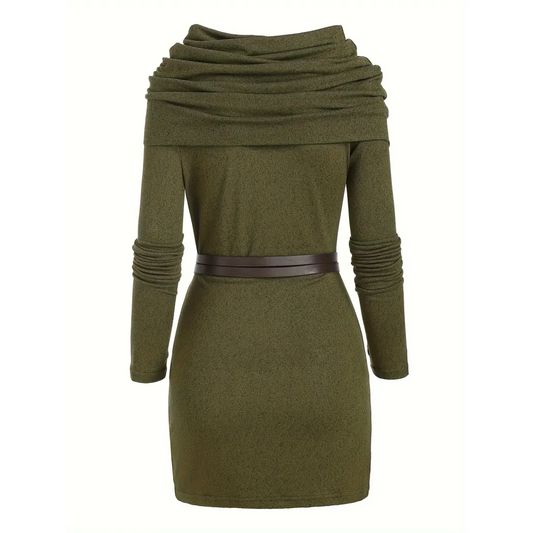 Draped Collar Knit Dress with Belt Detail - All Dresses - Dress - 2