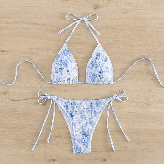 Ruched Floral Halter Bikini Set – Kawaii Beach Swimwear - Sexy Lingerie - Sleeveless - Swimwear - 2