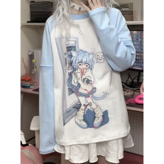 Dreamy Detachable Sleeve Tee – Kawaii Cat & Anime Harajuku Style Top - T-Shirts - Long - Round - 1