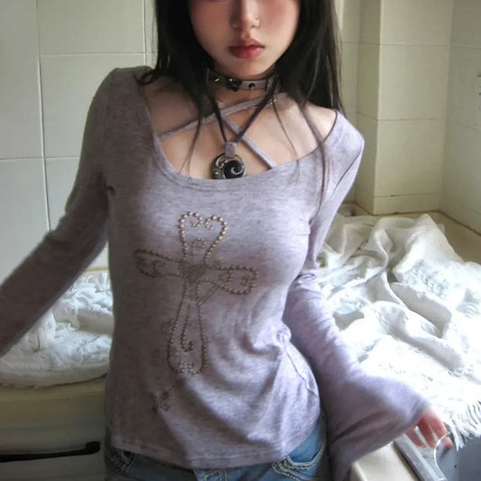 Embellished Cross Long Sleeve Tee – Spiritual Chic Top - T-Shirts - 1