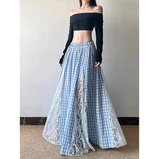 Fairycore Lace Plaid Long Skirt - Bottoms - Skirts - 1