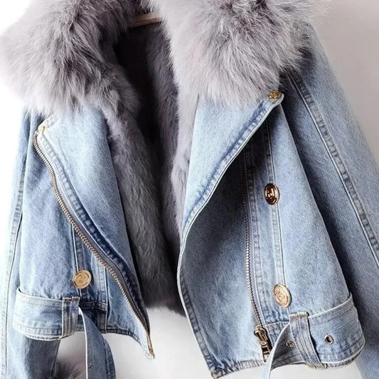 Faux Fur Collar Denim Jacket with Plush Lining - Jackets & Coats - Jacket - 2