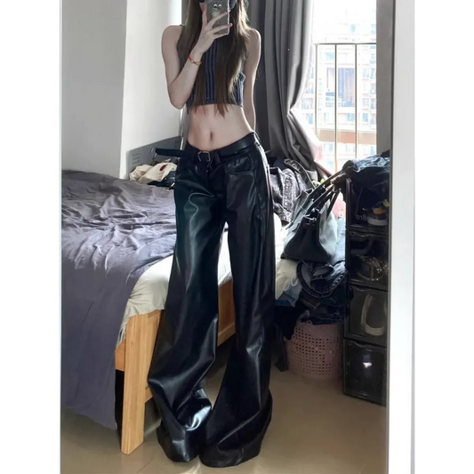 Y2K Oversized Faux Leather Wide Leg Pants - Bottoms - Pants - 2