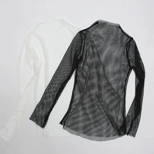 Fishnet Mesh See-through Black Shirt - Sexy Long Sleeve Tee - T-Shirts - 2