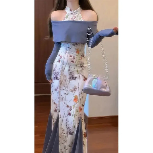 Floral Halter Bodycon Dress & Knit Off-Shoulder Set - All Dresses - Sets / Co-ords - 1