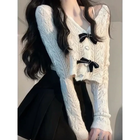 Knit Bow Cardigan – French Elegant Y2K Aesthetic - Women’s Clothing & Accessories - V-neck - Clothing Sets - 1