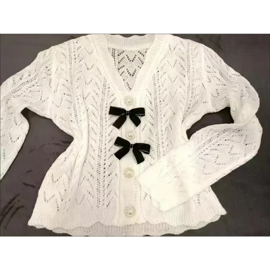 Knit Bow Cardigan – French Elegant Y2K Aesthetic - Women’s Clothing & Accessories - V-neck - Clothing Sets - 2