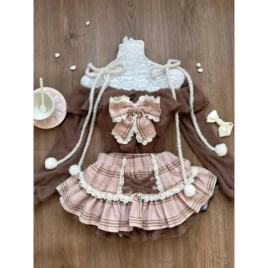 Fuzzy Lolita Set – Bow Top & Plaid Mini Skirt Kawaii - Bottoms - Long - Off-Shoulder - Clothing Sets - 2