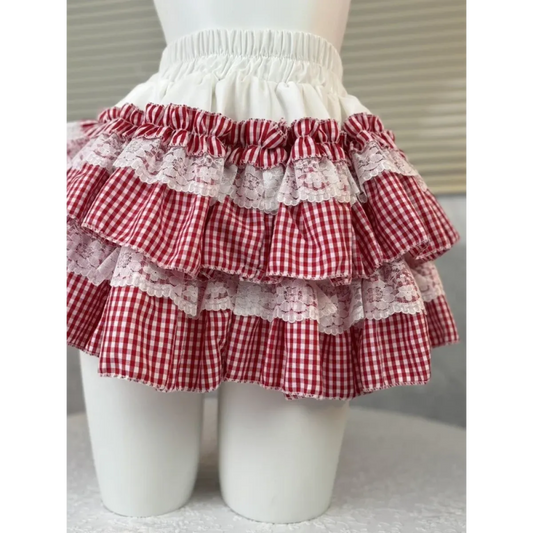 Gingham Layered Lolita Skirt – Lace Trim High Waist Kawaii - Bottoms - Skirts - 1