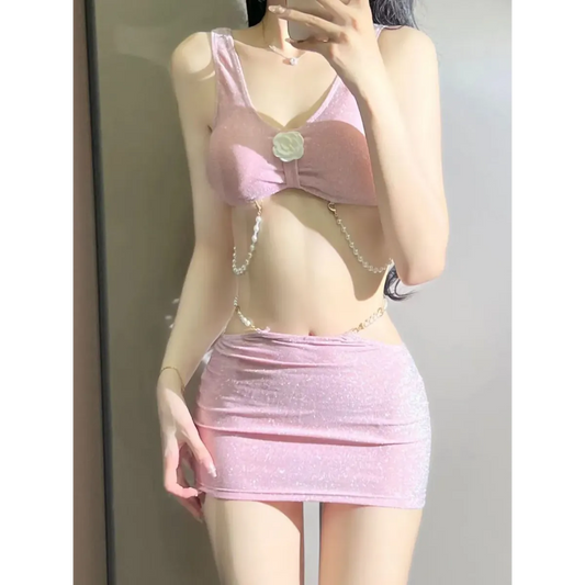 Glitter 3PC Bikini Set – 3D Flower Top with Pearl Chain Mini Skirt - Bottoms - Sleeveless - Swimwear - 1