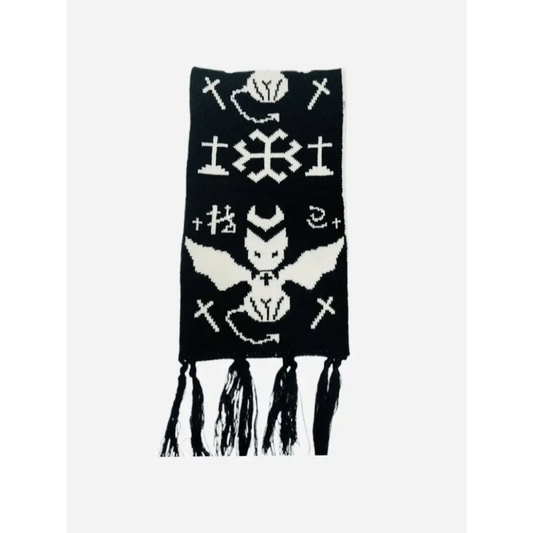 Black & White Y2K Harajuku Scarf – Gothic Cat Print with Tassels - Accessories - Scarves - 1