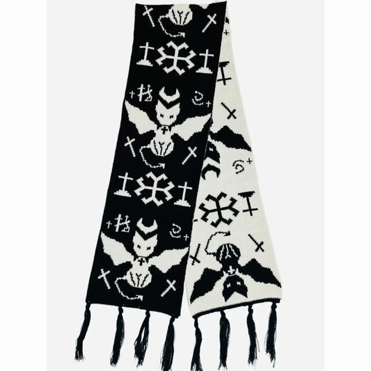 Black & White Y2K Harajuku Scarf – Gothic Cat Print with Tassels - Accessories - Scarves - 6