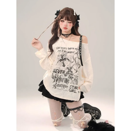 Off-Shoulder Gothic Grunge Tee – Harajuku Dark Aesthetic Top - T-Shirts - Long - Round - Tops - 1