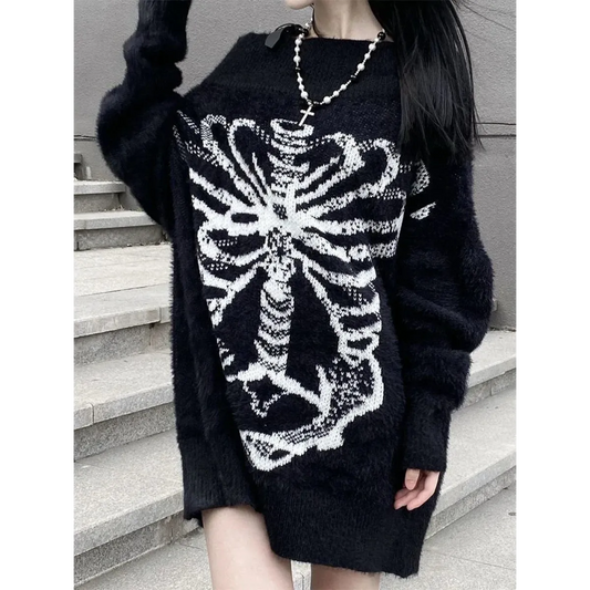 Black Skull Print Harajuku Sweater – Gothic Grunge Y2K Knitwear - Sweaters - Round - Women’s Sweaters - 1