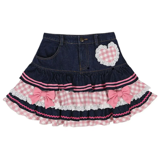 Sweet Mini Denim Skirt - Gothic Lace Plaid Hearts Ruffled Skirt - Bottoms - 1