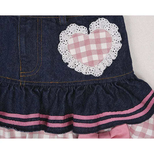 Sweet Mini Denim Skirt - Gothic Lace Plaid Hearts Ruffled Skirt - Bottoms - 2