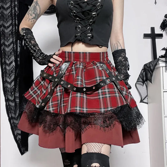 Gothic Plaid Punk Skirt – Harajuku Lace Layered Mini Skirt Cosplay - Bottoms - Skirts - 1