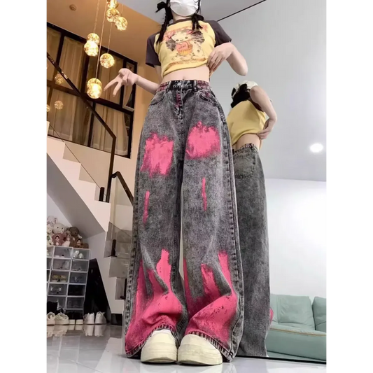 Graffiti Pink Wash Wide Leg Street Jeans - Bottoms - Jeans - 1