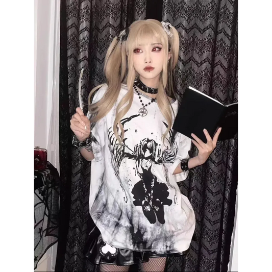 Grunge Gothic Cartoon Print T-Shirt - T-Shirts - 1