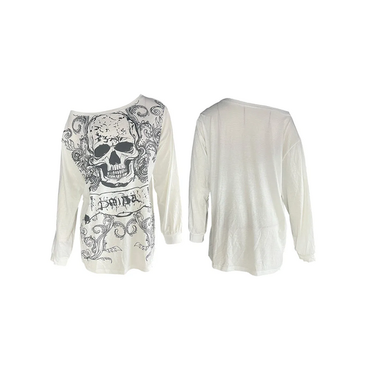 Skull Print Long Sleeve T-Shirt – Grunge Y2K Punk Pullover Top - T-Shirts - Long - Round - T-Shirts - 1