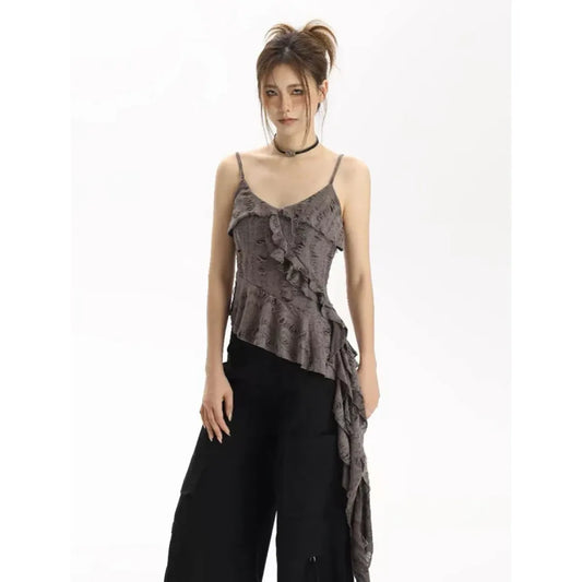 Asymmetrical Ruffle Tank Top – Grunge Y2K Punk Streetwear - Harajuku Style - Sleeveless - V-neck - Tank Tops - 1