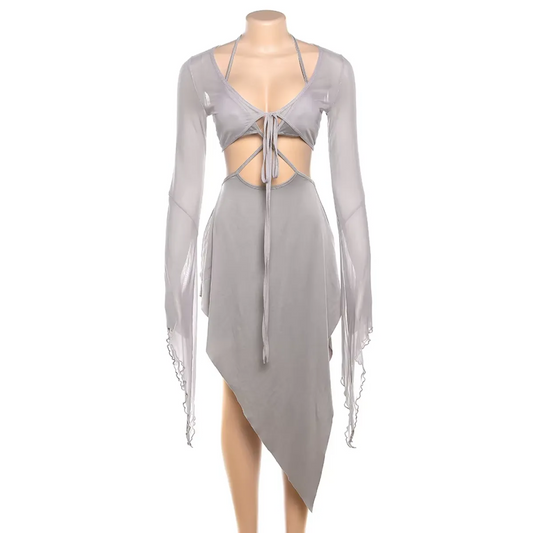 Gray Mesh Two-Piece Set – Halter Cutout Dress & Lace-Up Top - All Dresses - Long - V-neck - Sets - 1