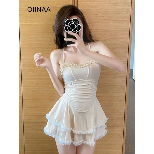 Halter Lace Swimsuit Dress – Ruffled Girly Slim Beachwear 2025 - All Dresses - Swimwear - 2