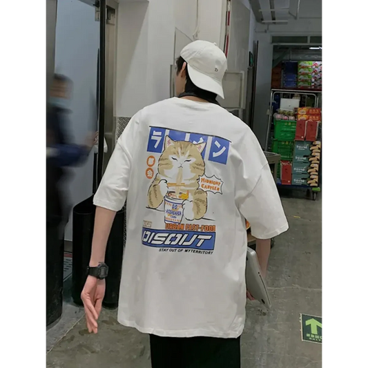 Harajuku Cat Eating Noodles Graphic Tee - T-Shirts - Long - Round - Men’s T-Shirts - 1