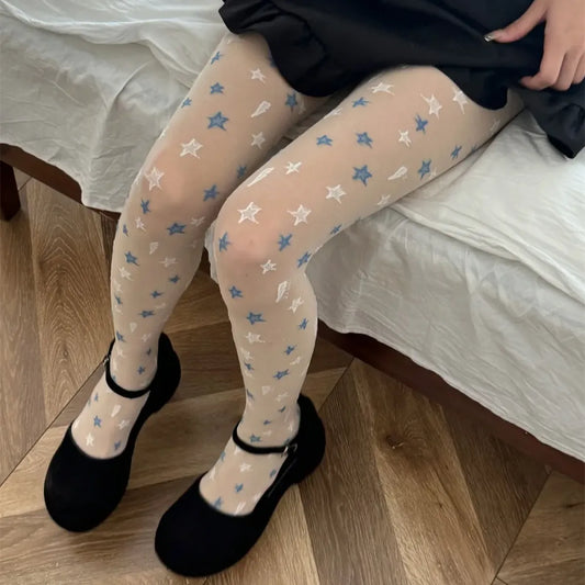 Sheer Star Print Tights – Harajuku Fairy Kei Kawaii Aesthetic - Socks & Hosiery - Stockings - 1