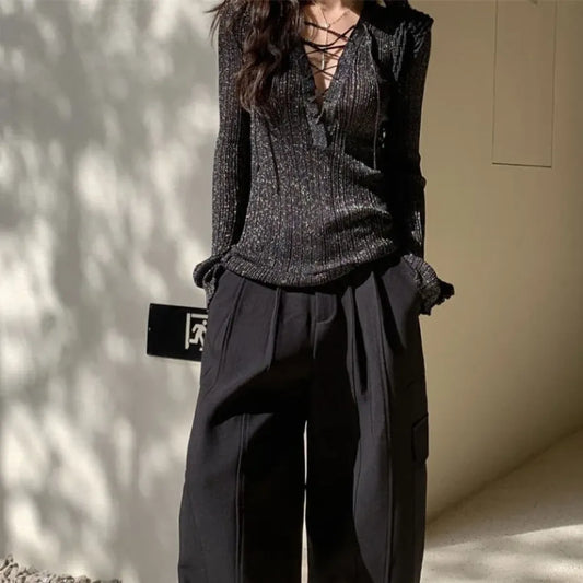Glitter Lace-Up V-Neck Top – Y2K E-Girl Harajuku Knit Pullover - T-Shirts - Long - V-neck - Tops - 1