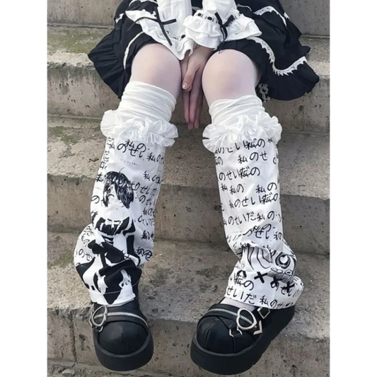 Black & White Harajuku Leg Warmers – Gothic Print & Lace Trim - Harajuku Style - Leg Warmers - 2