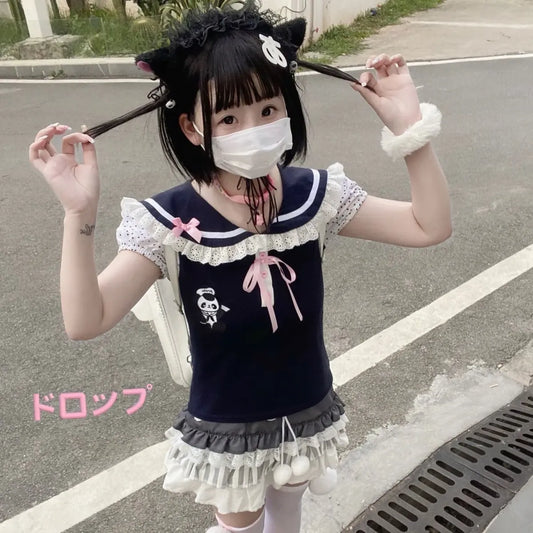 Kawaii Panda Embroidered Sailor Top – Harajuku Y2K Lace Tee - T-Shirts - Short - Round - Tops - 1