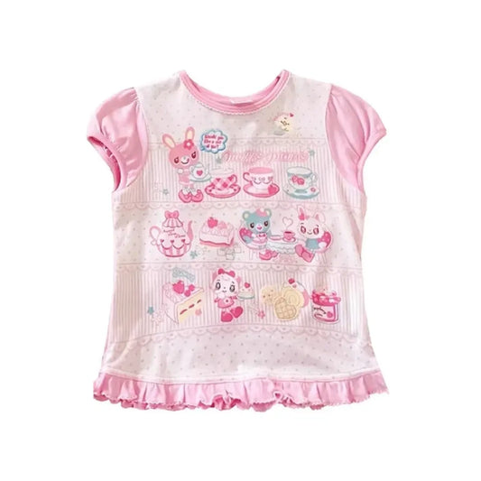 Cute Japanese Print T-Shirt – Colorful Kawaii Summer Top for Girls - T-Shirts - Short - Round - T-Shirt - 6