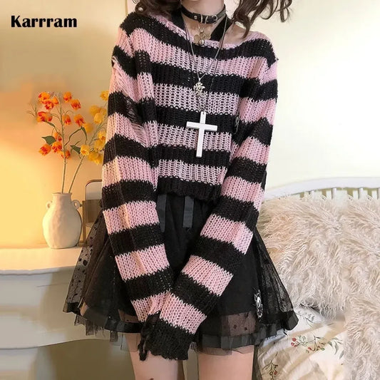 Karrram Ripped Striped Gothic Knit Sweater - Sweaters - Sweater / Pullover - 2