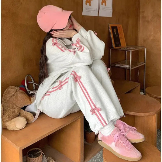 Kawaii Bow Tracksuit – Striped Sweatshirt & Casual Pants - Bottoms - Clothing Sets - 1