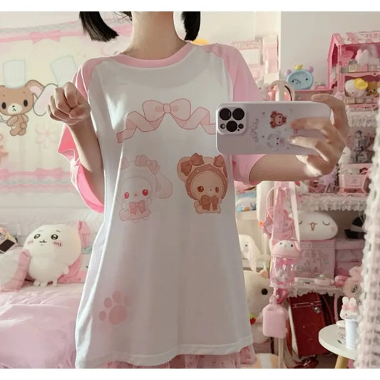 Kawaii Bunny Print T-Shirt – Harajuku Yume Cute Aesthetic - T-Shirts - Long - Round - T-Shirts - 1