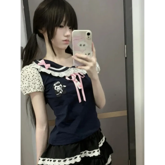 Y2K Lace T-shirt - Kawaii Cartoon Embroidery Graphic Tee - T-Shirts - 1